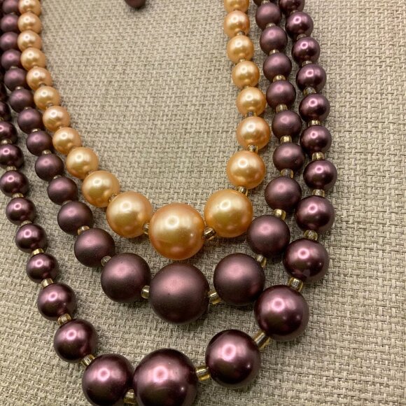 Japan Vintage Faux Pearls Chocolate Gold Tone Multi Strands Necklace - Picture 1 of 7